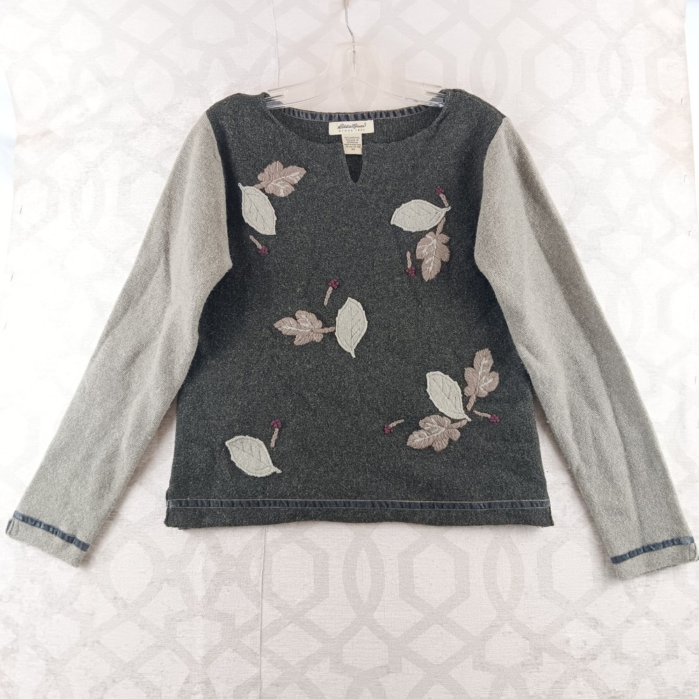 VINTAGE Eddie Bauer Lambswool Sweater XS‎ Leaf Applique Black Gray Long Sleeve